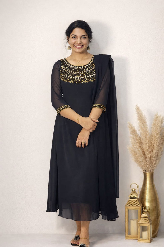 Georgette aline with mirror work - Mizhiboutique
