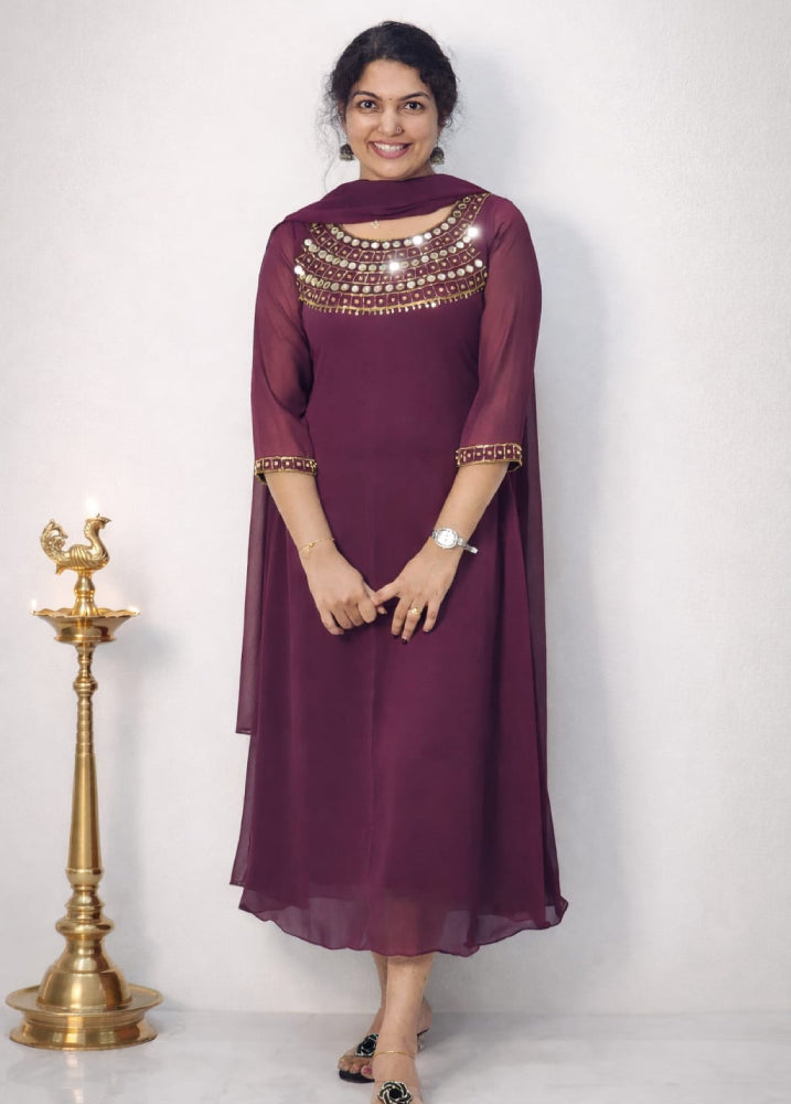 Georgette aline with mirror work - Mizhiboutique