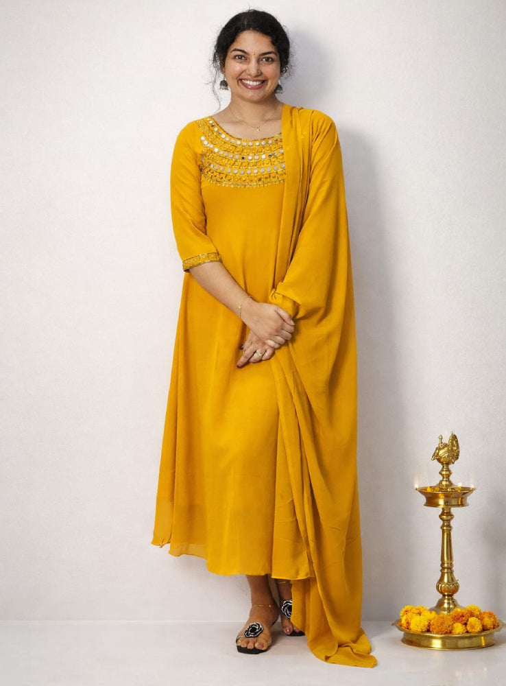 Georgette aline with mirror work - Mizhiboutique