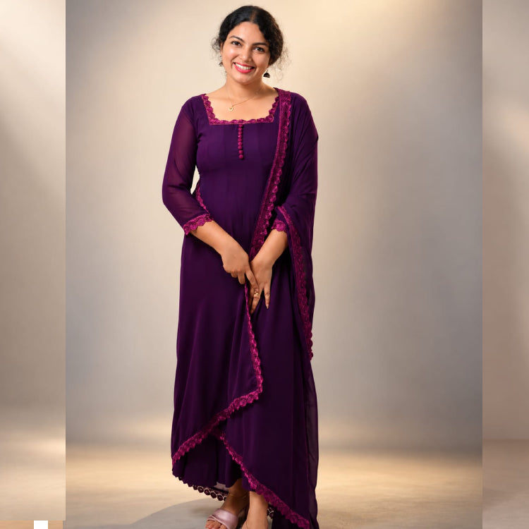 Deep plum purple paneled Anarkali dress in georgette fabric by MIZHI, featuring intricate panel details and elegant design.