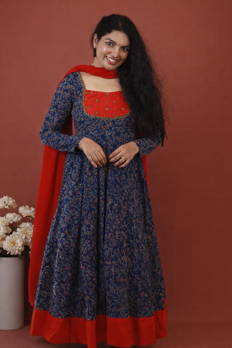 Umbrella flaired anarkali in Ajrakh prints with Duppatta - Mizhiboutique