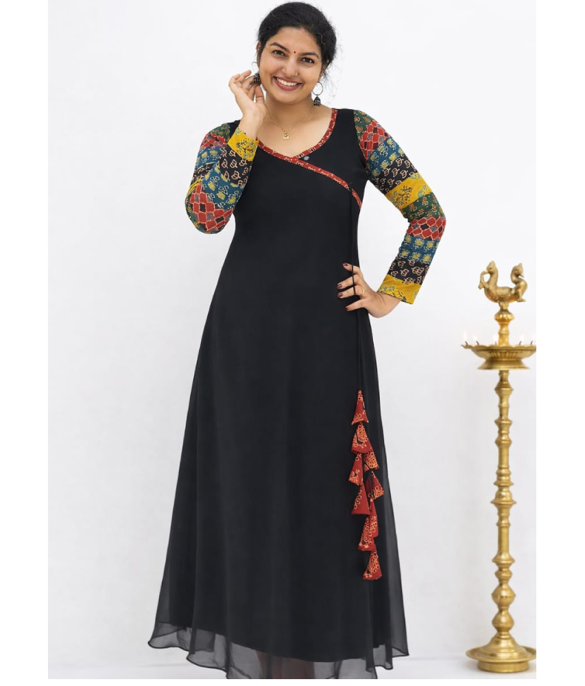 MIZHI Aline dress featuring multi Ajrakh print sleeves and a flowing Georgette fabric in a black design.