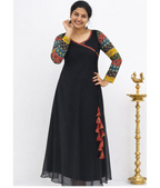 MIZHI Aline dress featuring multi Ajrakh print sleeves and a flowing Georgette fabric in a black design.