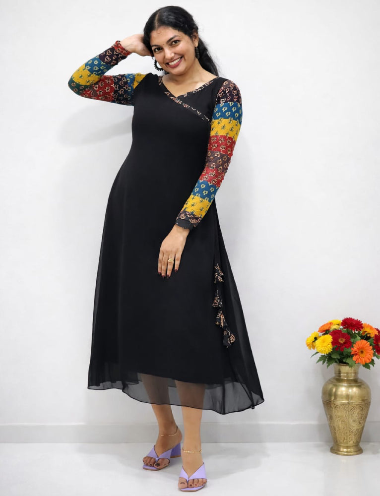 Multi sleeves in ajrakh with georget Aline top - Mizhiboutique