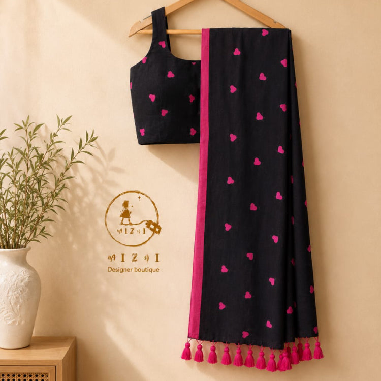 Black Mul Cotton Saree with Pink Heart Motifs - Mizhiboutique