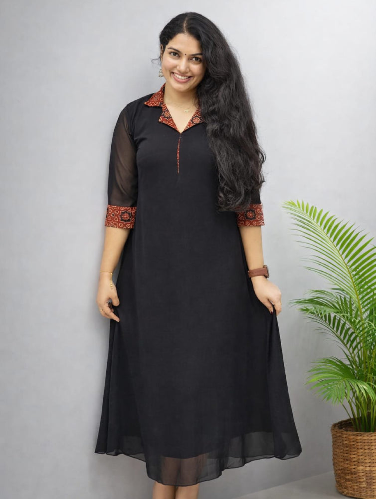 Black georget kurti with ajrakh patch - Mizhiboutique