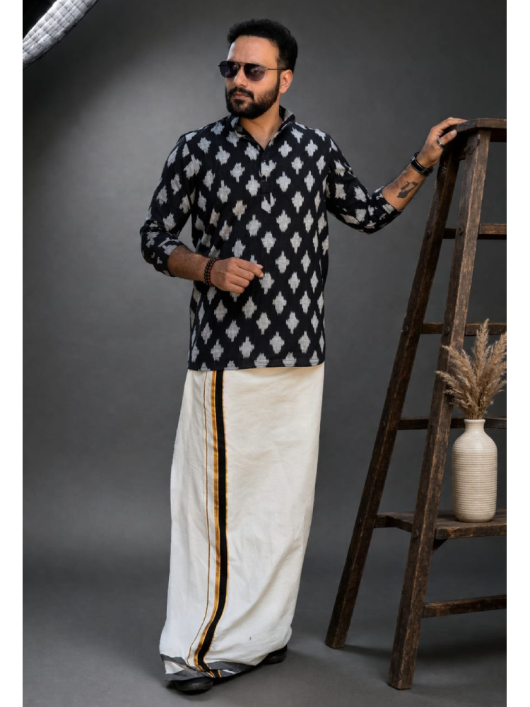 Black Ikat Kurta by MIZHI with intricate traditional patterns and a relaxed fit, showcased on a neutral background.