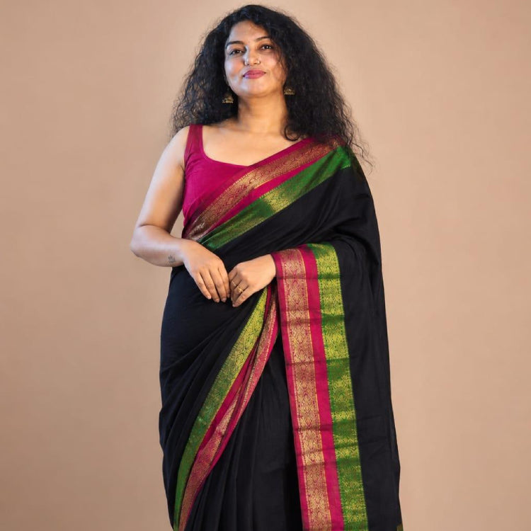 Black Mul Cotton Saree with Dual-Tone Border