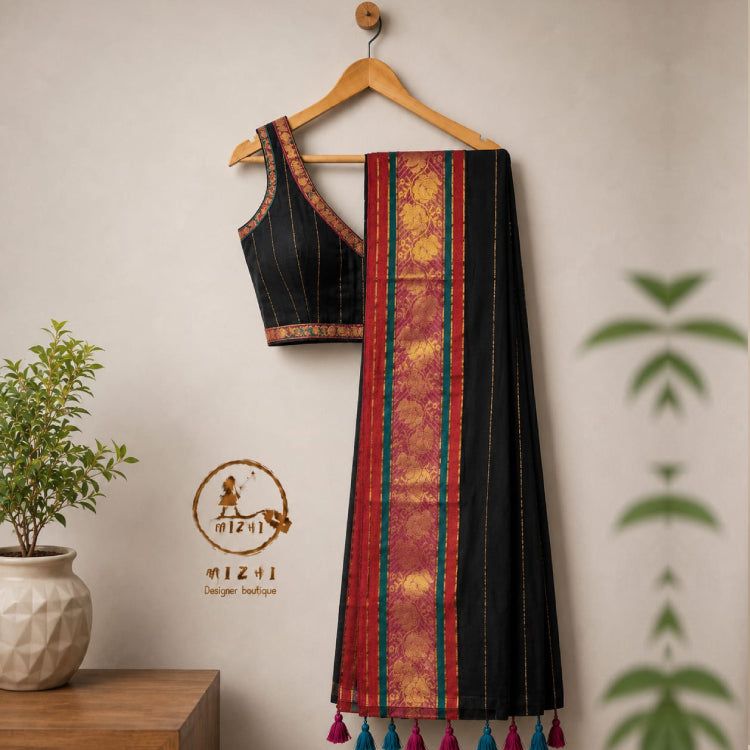 Black mul cotton saree with gold stripes, ornate zari border, traditional design by MIZHI.