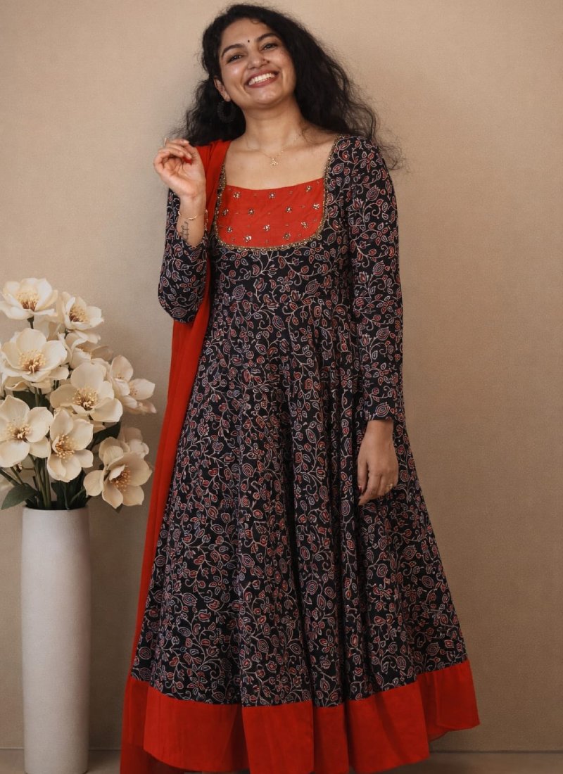 Umbrella flaired anarkali in Ajrakh prints with Duppatta - Mizhiboutique