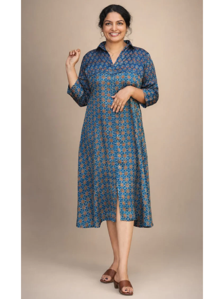 Blue Ajrakh shirt collar kurti by MIZHI featuring intricate traditional print and comfortable fit.