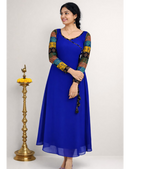 MIZHI Aline dress featuring multi sleeves in Ajrakh print with a flowing Georgette fabric.