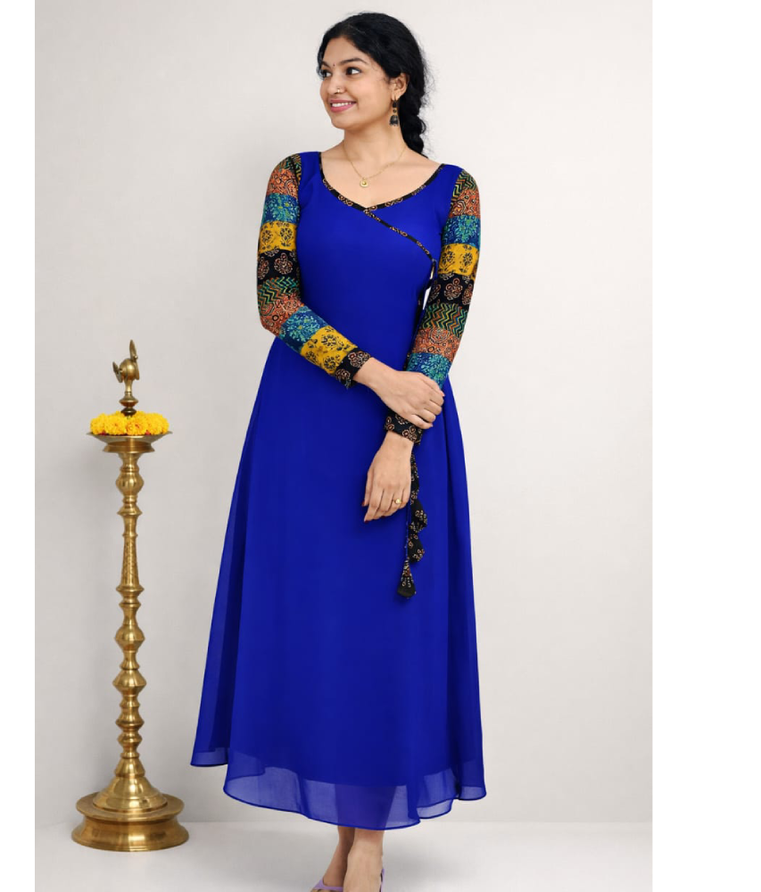 MIZHI Aline dress featuring multi sleeves in Ajrakh print with a flowing Georgette fabric.