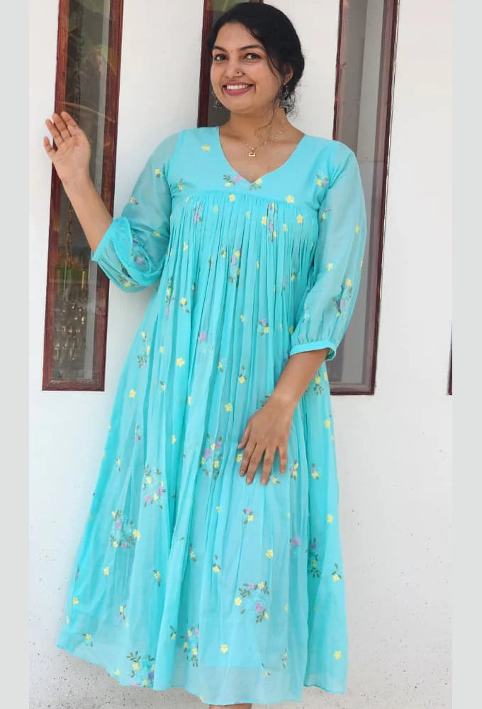 Mul chanderi Pleeted Aline Top - Mizhiboutique