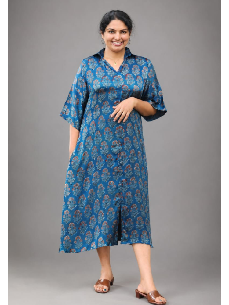 MIZHI blue Ajrakh shirt collar kurti with intricate traditional print, short sleeves, and a relaxed fit.