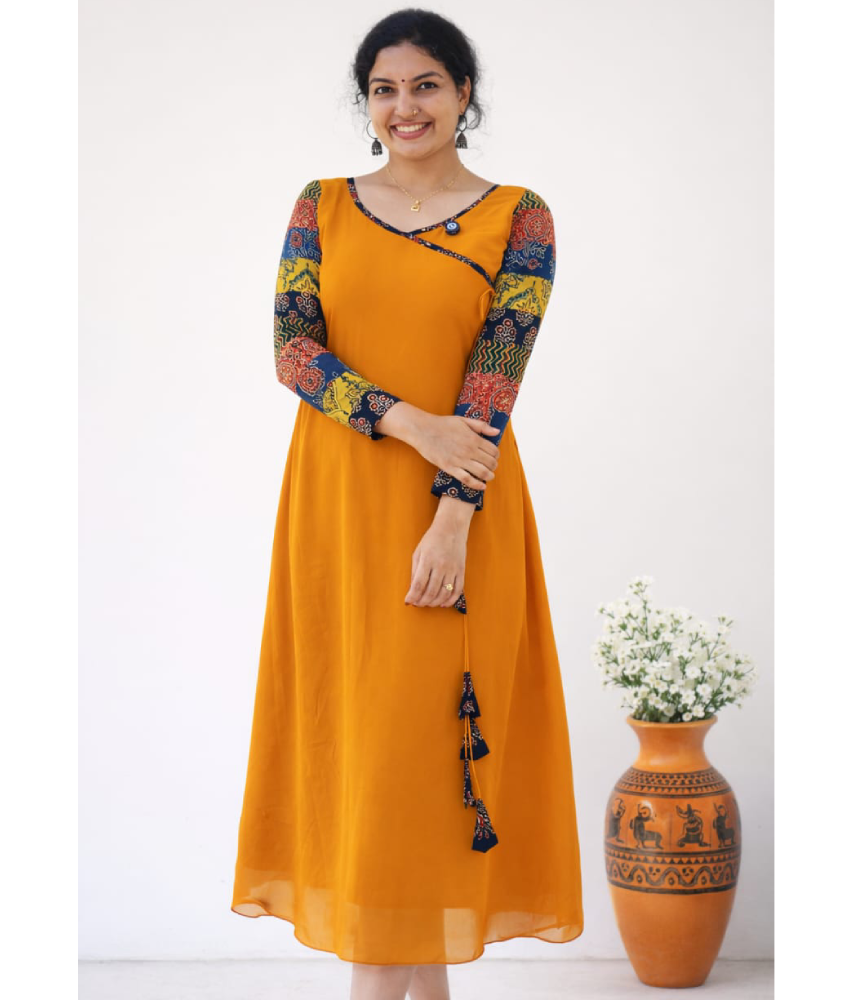 Burnt orange Aline dress by MIZHI featuring multi sleeves in Ajrakh print and lightweight Georget fabric.