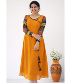 Burnt orange Aline dress by MIZHI featuring multi sleeves in Ajrakh print and lightweight Georget fabric.