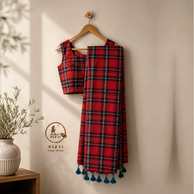 MIZHI classic red and black plaid checked mul cotton saree with traditional design and soft fabric, draped elegantly.