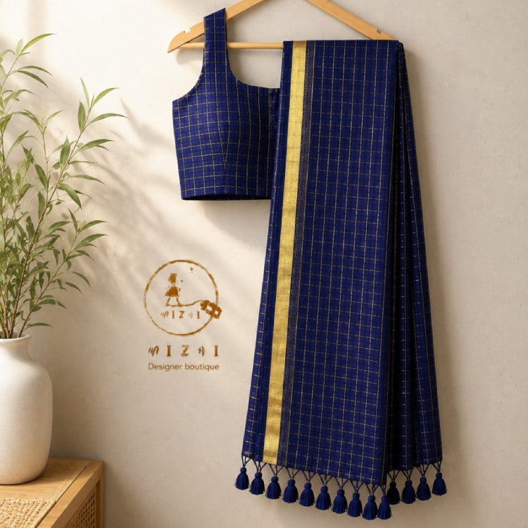 Checked Mul Cotton Saree - Blue - Mizhiboutique