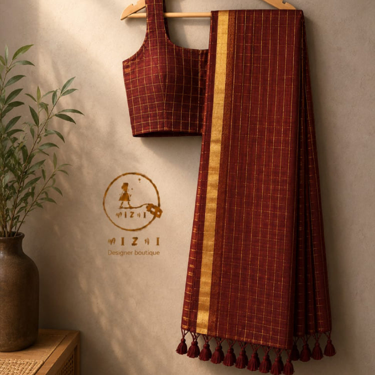 Checked Mul Cotton Saree - Brown - Mizhiboutique
