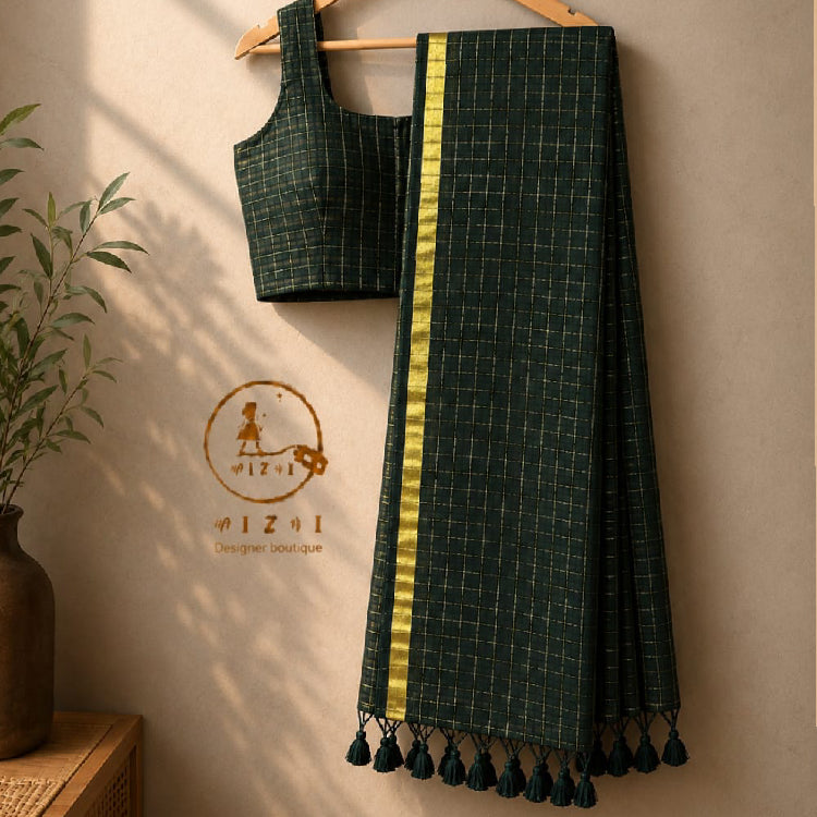 Checked Mul Cotton Saree - Green - Mizhiboutique