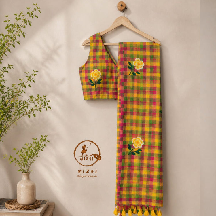 Yellow Madras check hand-painted Mul cotton saree by MIZHI with traditional check pattern and vibrant design.