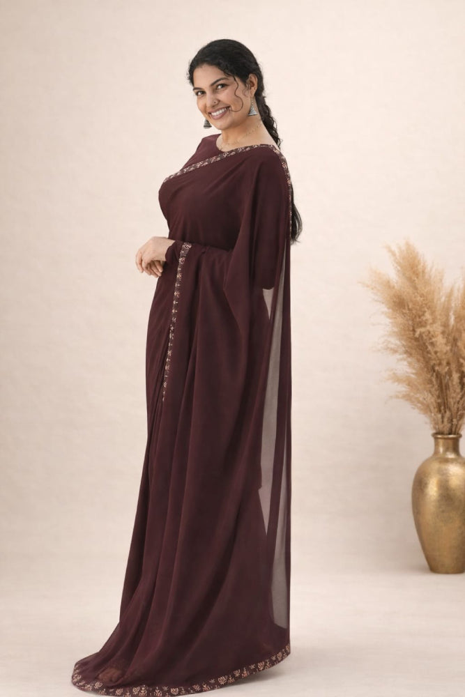 Coffee Brown Saree with Blouse Piece - Mizhiboutique