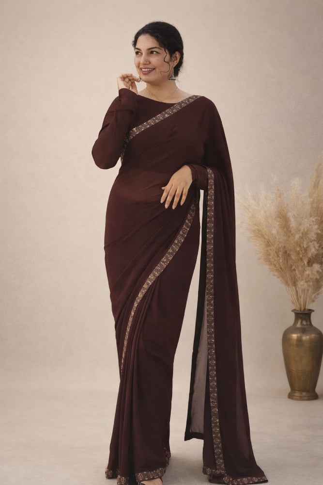 Coffee Brown Saree with Blouse Piece - Mizhiboutique