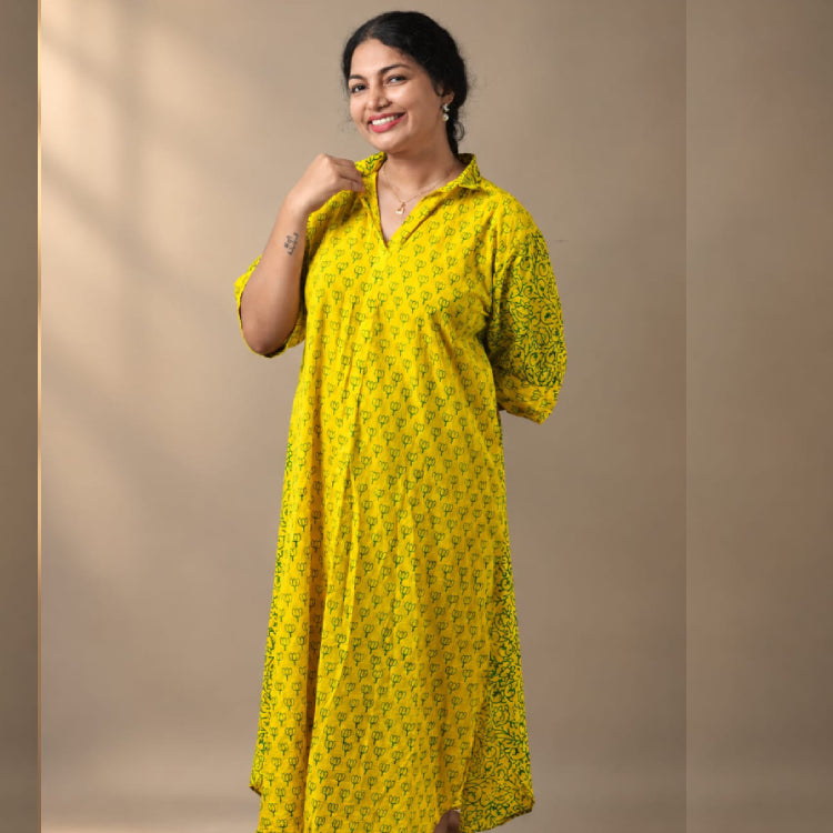 MIZHI cotton Chanderi antifit dress made of soft, lightweight cotton fabric, featuring a traditional printed design.