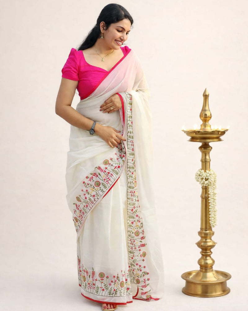 Cotton Saree with Floral Embroidery - Mizhiboutique