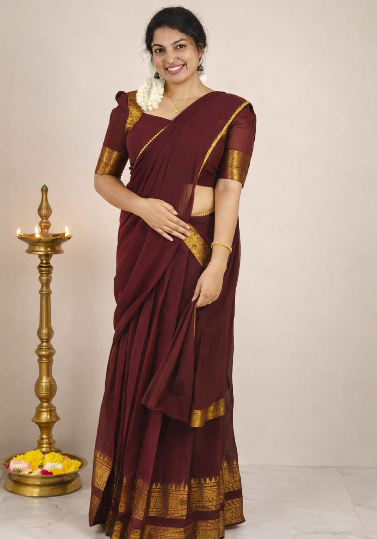 Brown Kanji Cotton Dhavani Set by MIZHI, featuring traditional dhavani fabric and intricate design details.