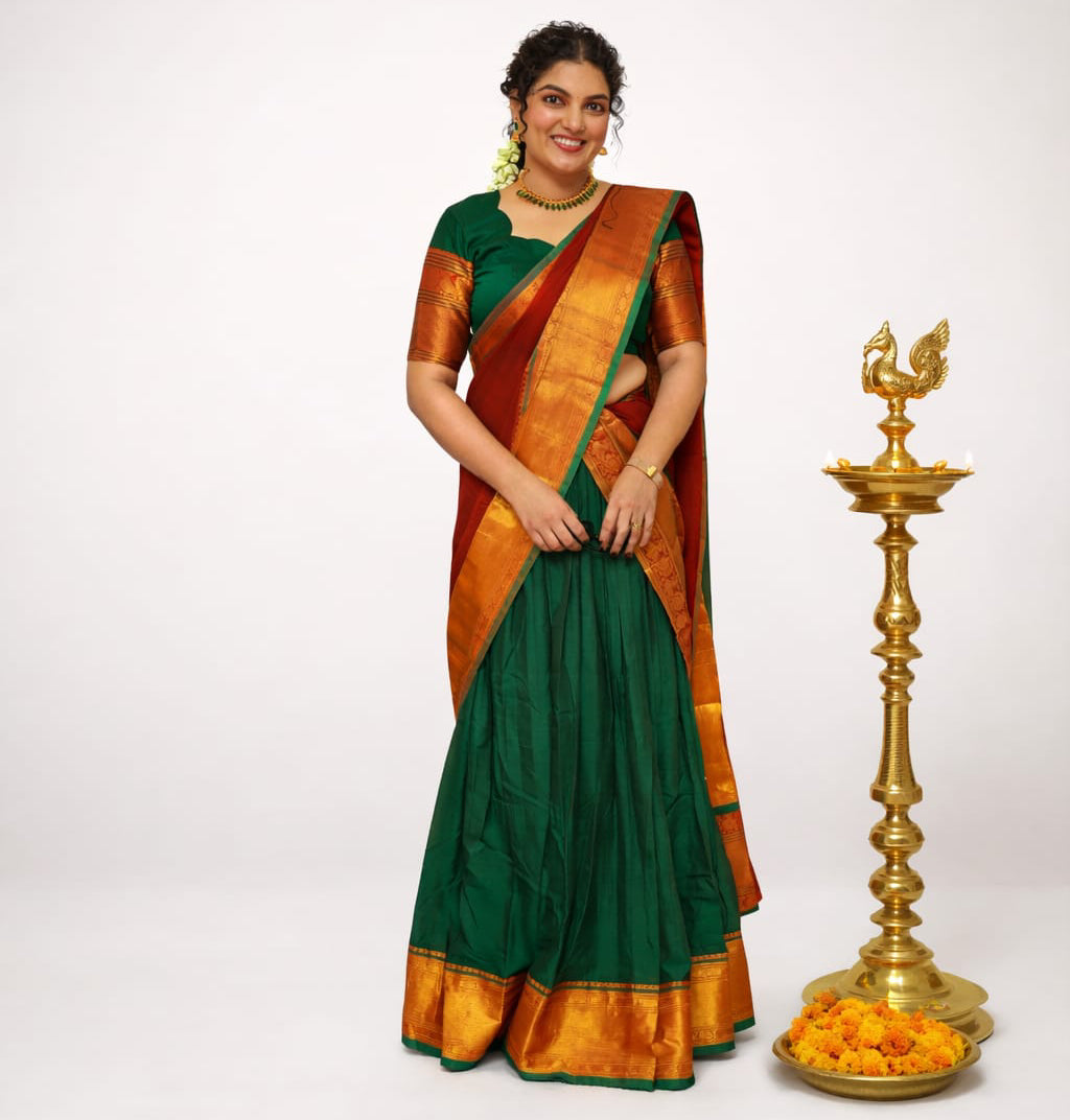 Traditional Narayan Pattu Dhavani set by MIZHI, featuring intricately woven fabric and vibrant colors, perfect for cultural occasions.