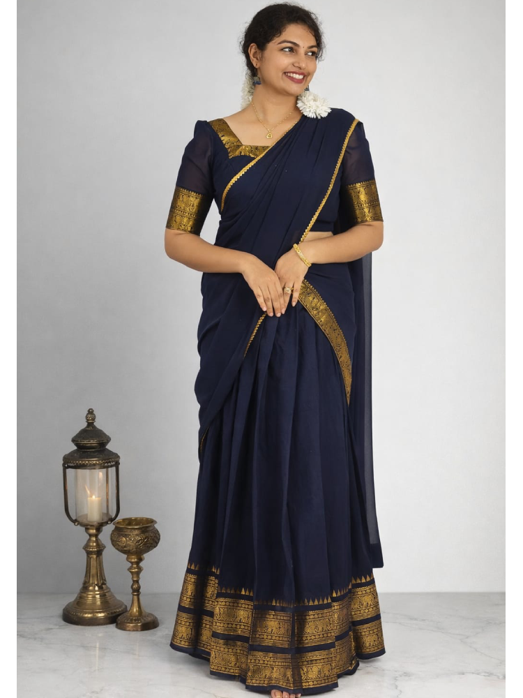 Blue Kanji Cotton Dhavani Set by MIZHI, traditional dhavani with intricate patterns on soft cotton fabric.
