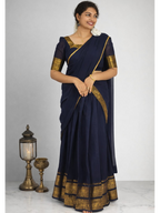 Blue Kanji Cotton Dhavani Set by MIZHI, traditional dhavani with intricate patterns on soft cotton fabric.