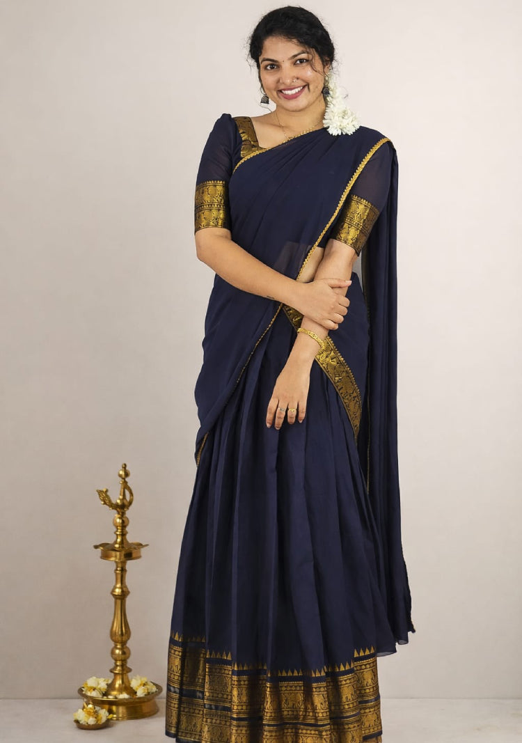Blue Kanji Cotton Dhavani set by MIZHI, showcasing a traditional dhavani with intricate patterns and soft cotton fabric.