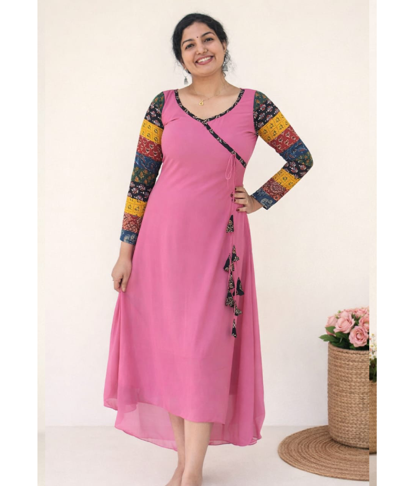 Dusty rose MIZHI Aline dress featuring multi sleeves in Ajrakh print and Georget fabric, perfect for casual outings.