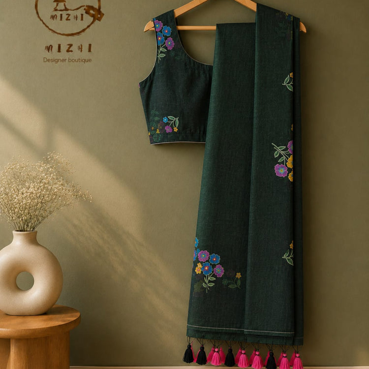 Dark Forest Green Floral Mul Cotton Saree
