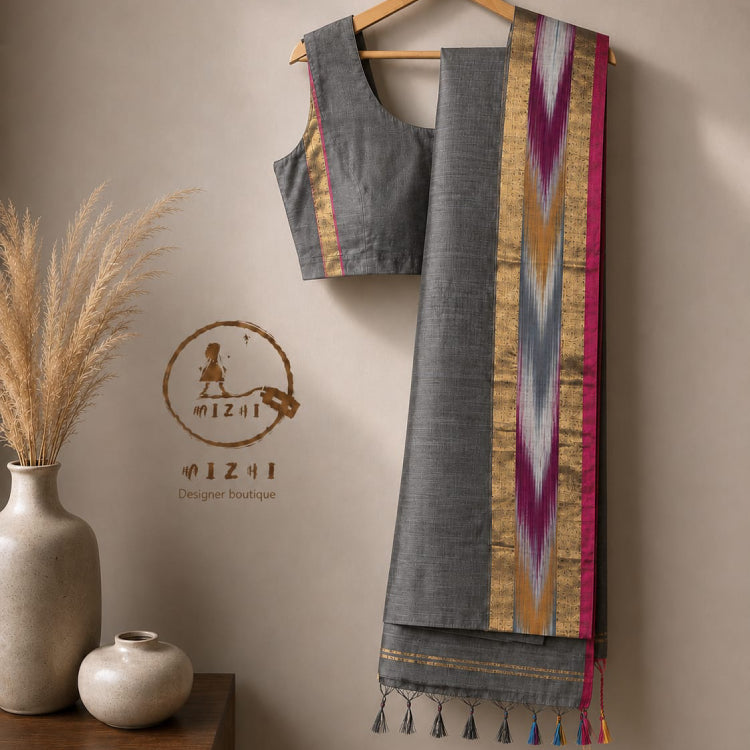 Charcoal Grey Mudka Silk Saree