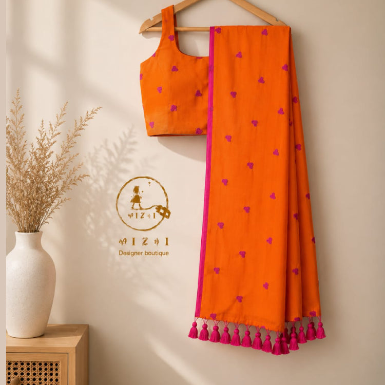 Heart Motif Mul Cotton Saree – Orange - Mizhiboutique