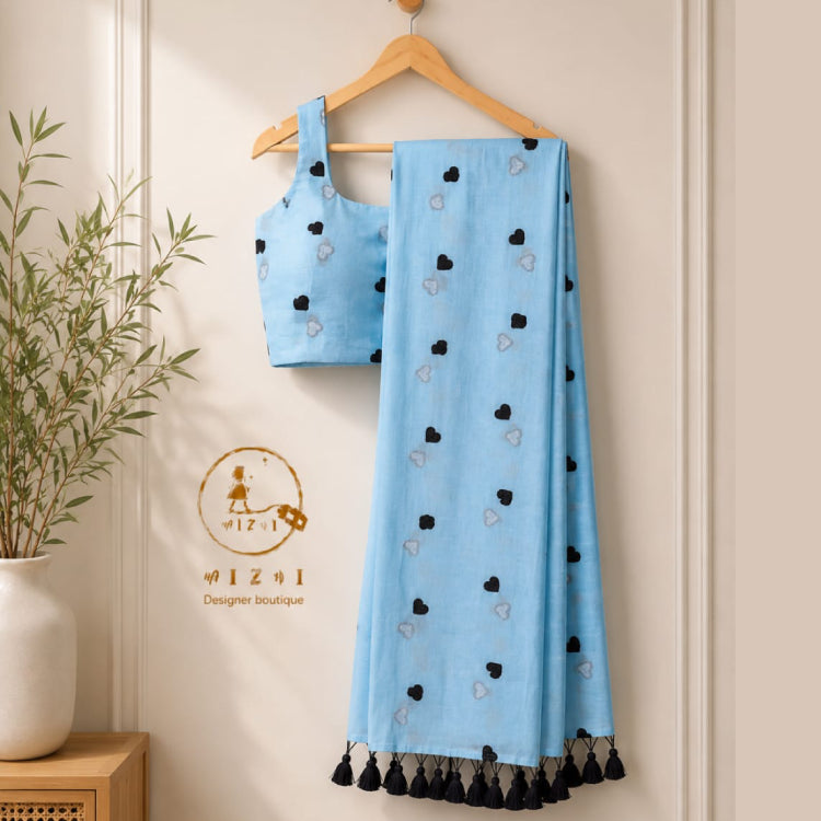 Sky Blue Heart Motif Mul Cotton Saree - Mizhiboutique
