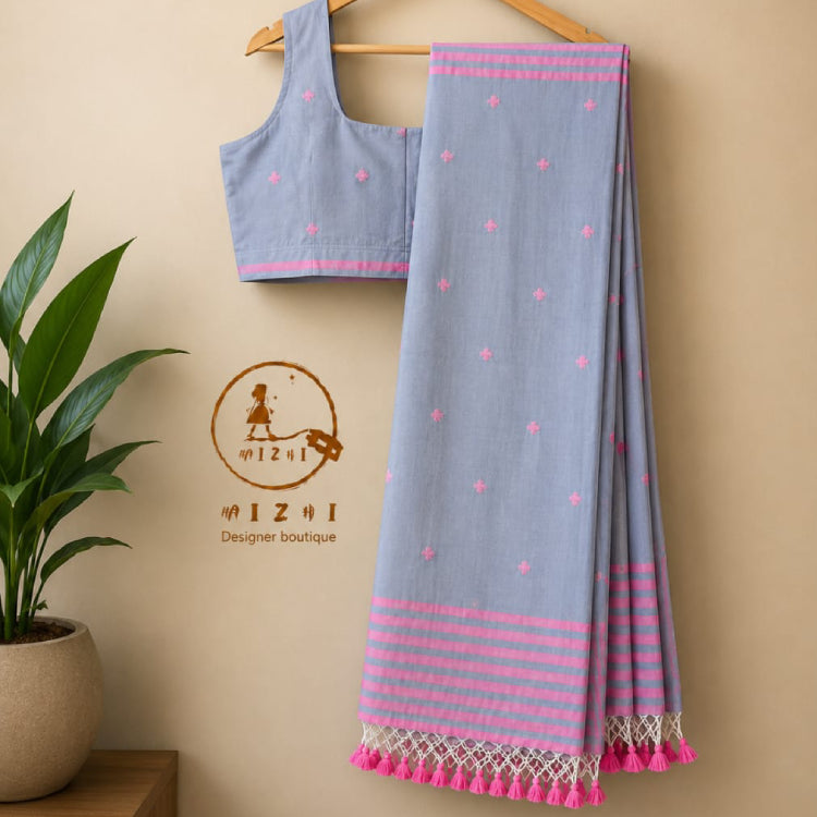 Mul cotton sarees jamdani weaves - powder blue and pink - Mizhiboutique