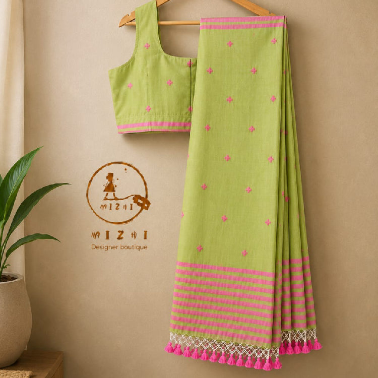 Lime Green and Pink Mul Cotton Saree - Mizhiboutique