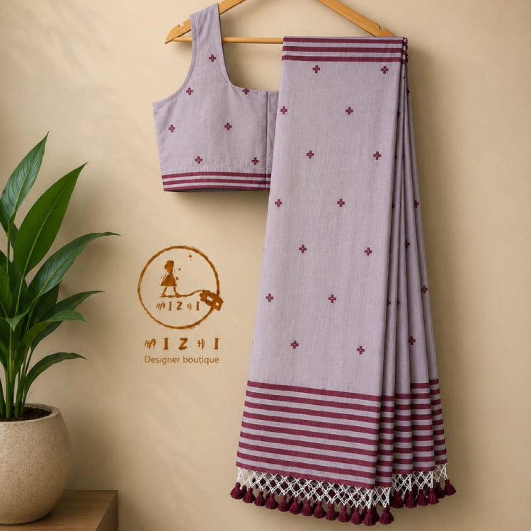 Mauve Grey and Wine Maroon Mul Cotton Saree - Mizhiboutique