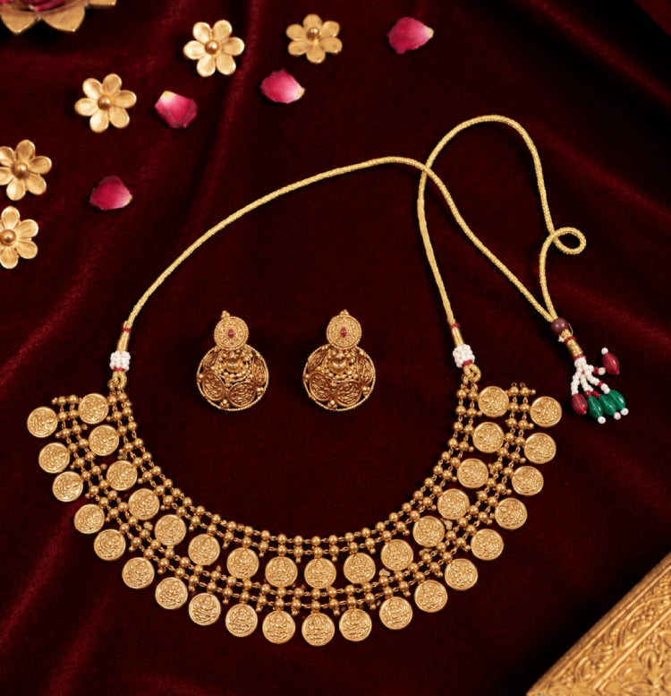 Traditional Gold Coin Necklace Set with Matching Earrings