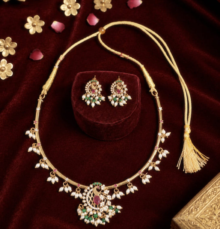 Traditional Peacock Pendant Necklace Set with Matching Earrings