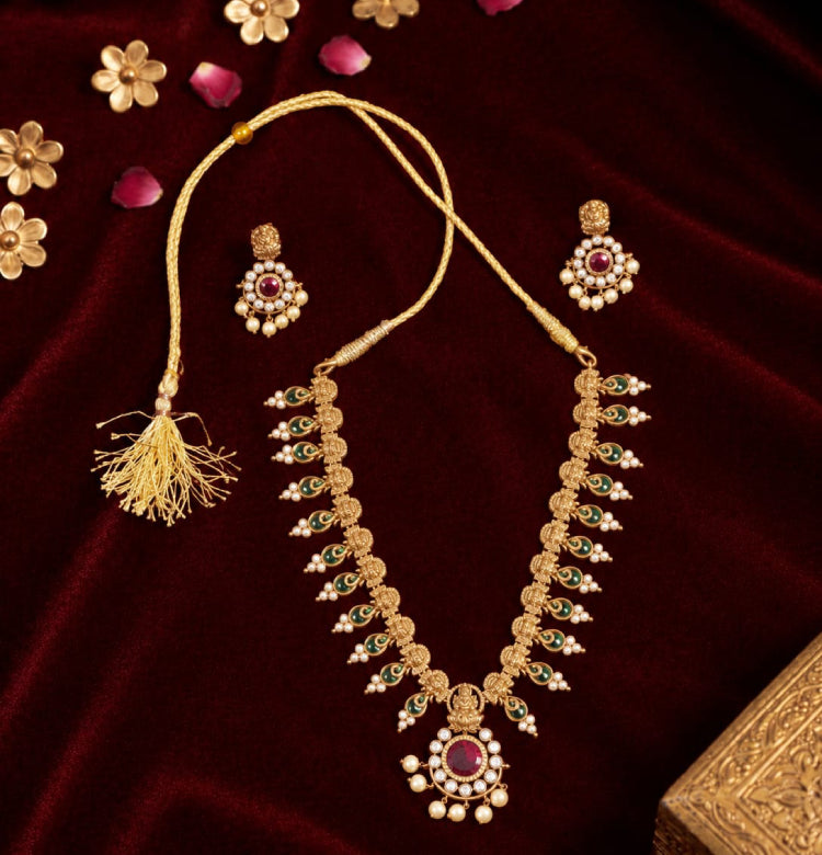 Traditional Gold Necklace Set with Ruby & Emerald Accents