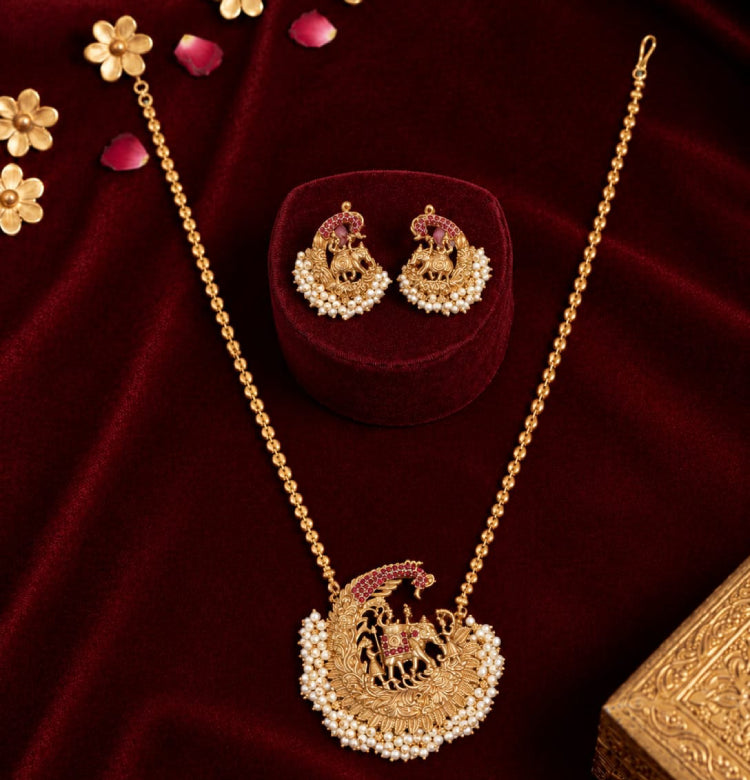 Traditional Peacock & Elephant Pendant Necklace Set