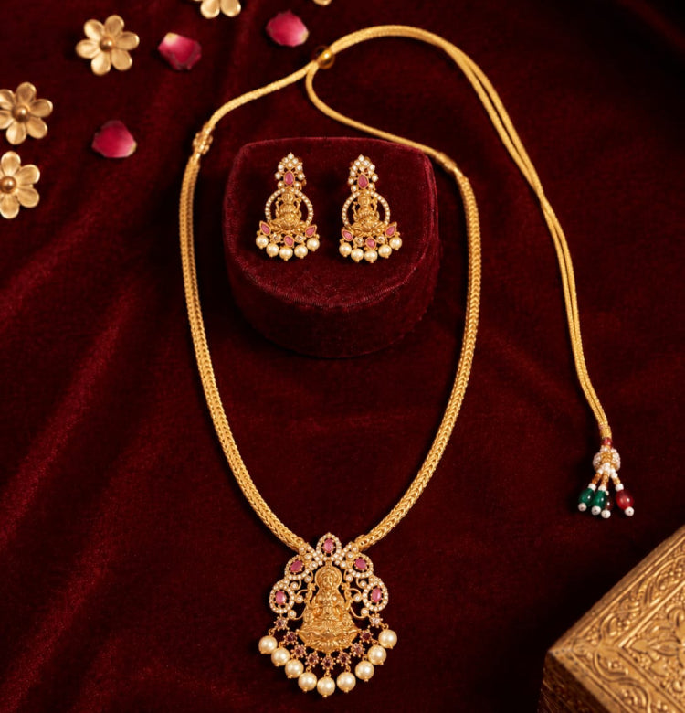Traditional Lakshmi Pendant Necklace Set with Matching Earrings