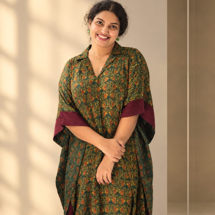 Green Ajrakh Modal Silk Kaftan by MIZHI featuring traditional Ajrakh-inspired print and flowing, comfortable fabric.