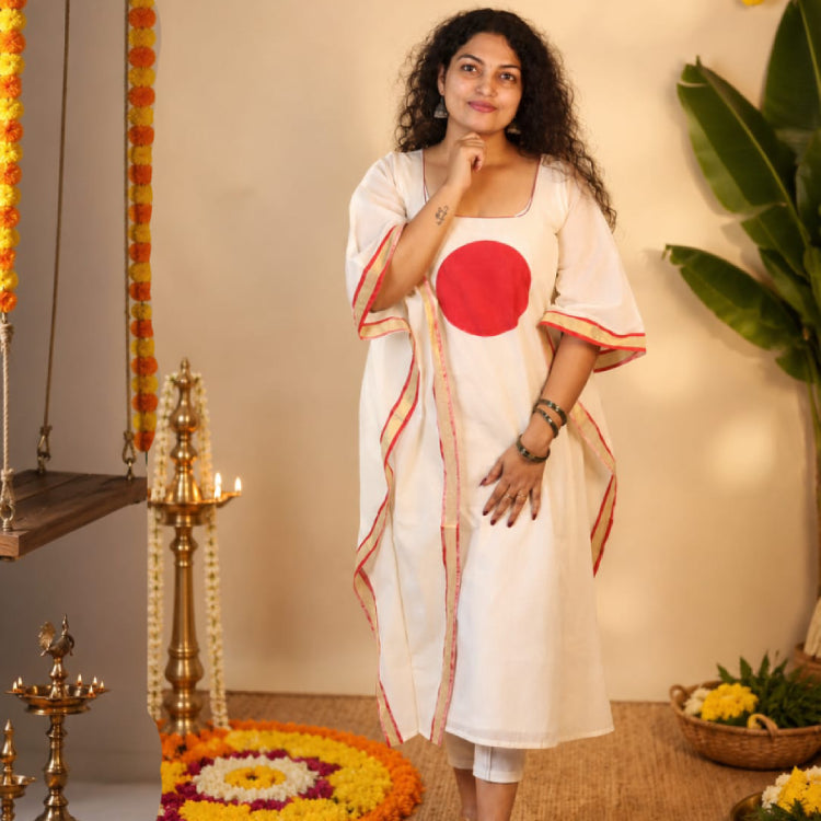 Hand-Painted Cotton Kaftan Kurti – Ivory White with Red Circle Motif